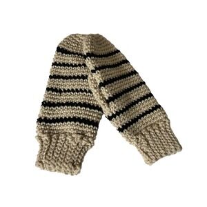 NWOT Handmade Crochet Striped Mittens Beige Black Chunky Knit One Size